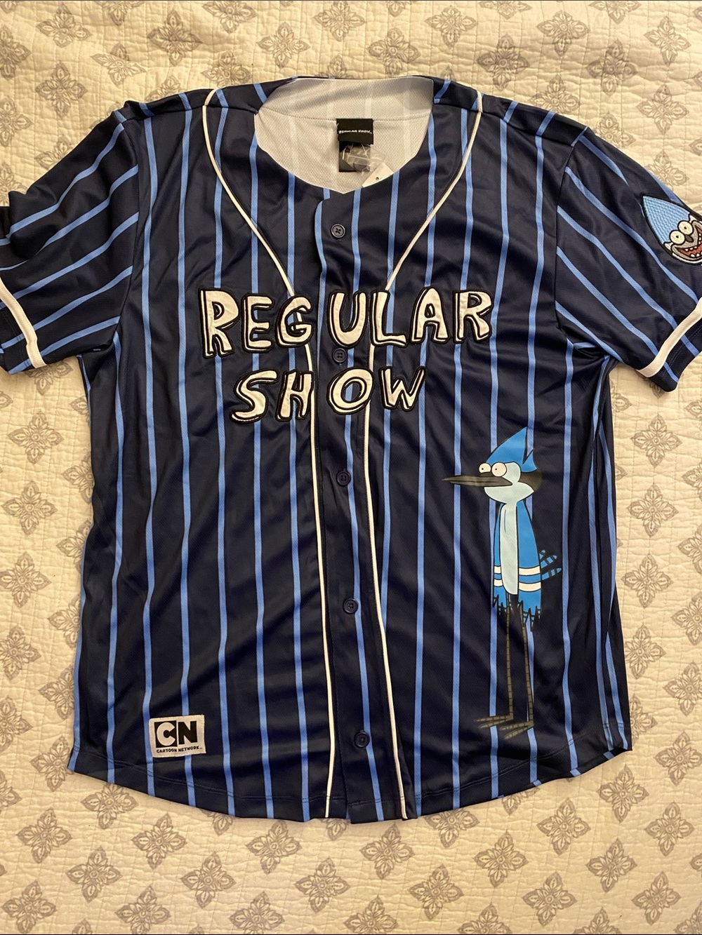 Hot Topic Regular Show Blue & Black Pinstripe Baseball Jersey